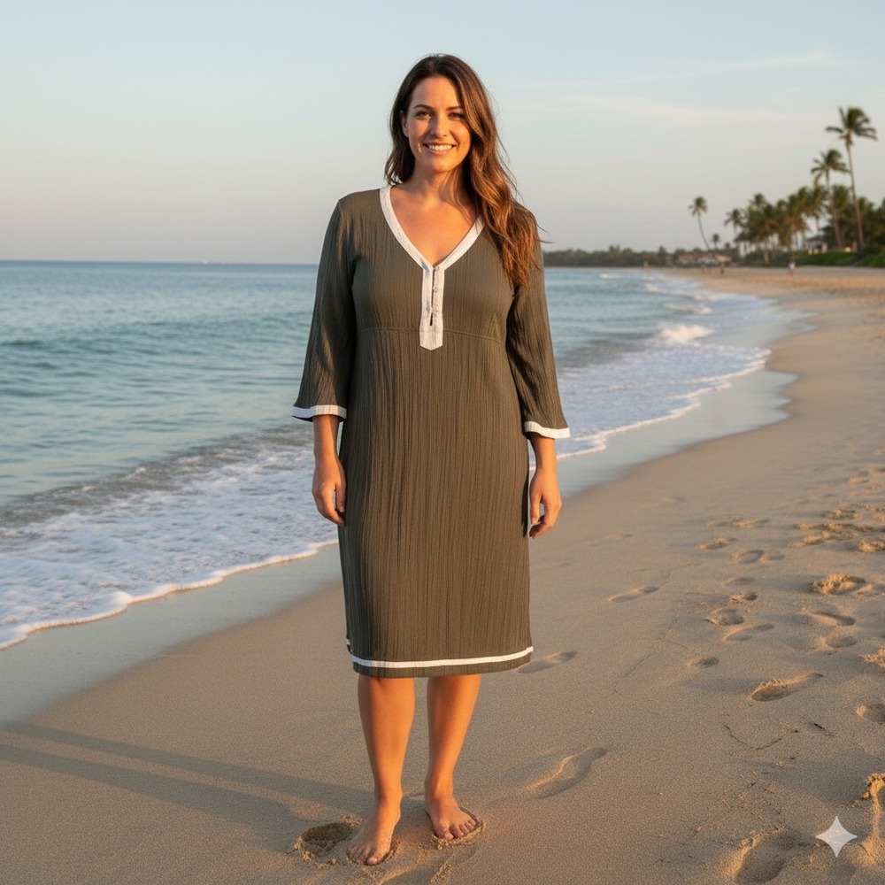 Athleta Lanai Crinkle‎ Swim Cover Up Dress Women XL Green Knee Semi Sheer Cotton